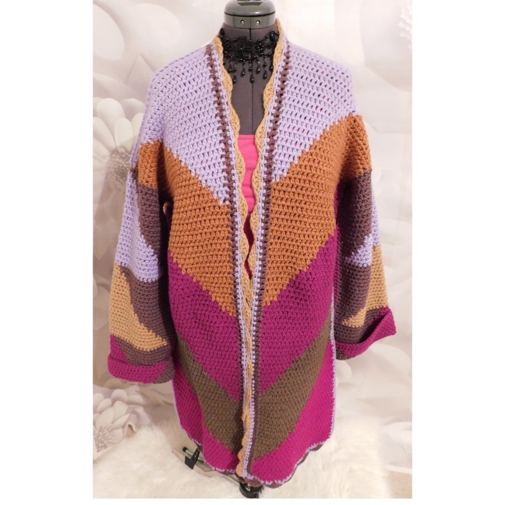 Crochet Brown Lavendar Long Sweater with Fringe Scarf L/XL - Picture 7 of 9